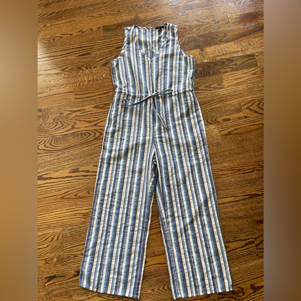 Anthropologie Drew V-Neck Wide Leg Jumpsuit Blue Stripes Size XS